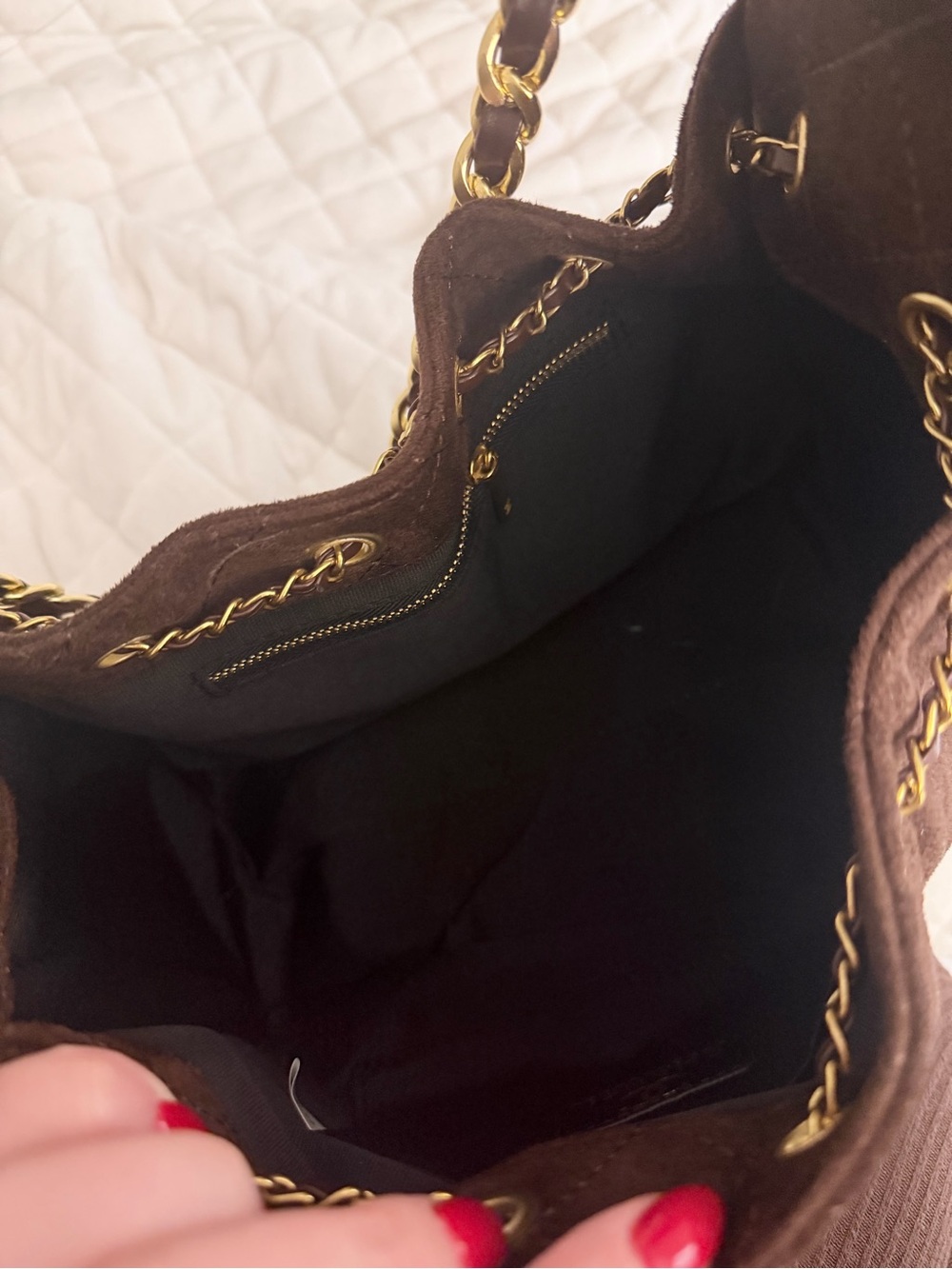 Brown Quilted Faux Suede Handbag - Picture 5 of 6